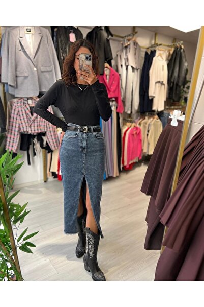 Butik Midi ön yırtmaçlı kot etek