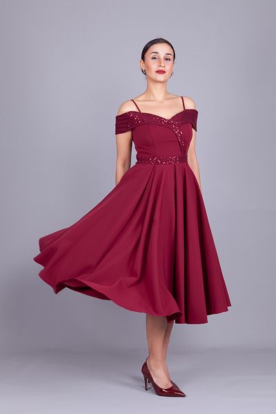 Bidoluelbise Burgundy Straps Off Shoulder Checked Sequin Detail Midi Length Flared Evening Dress