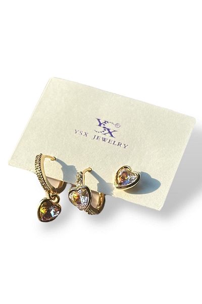 TAKIŞTIR Gold Color Heart Figured Stone Detailed 3-Piece Ysx Earring Set