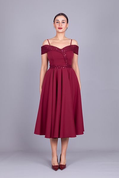 Bidoluelbise Burgundy Straps Off Shoulder Checked Sequin Detail Midi Length Flared Evening Dress