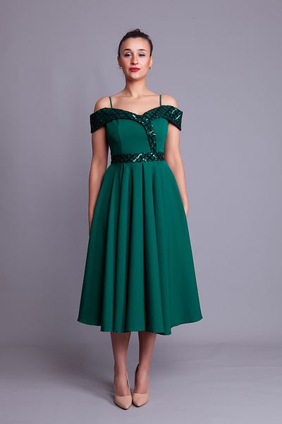 Bidoluelbise Emerald Strap Off Shoulder Checked Sequin Detail Midi Length Flared Evening Dress