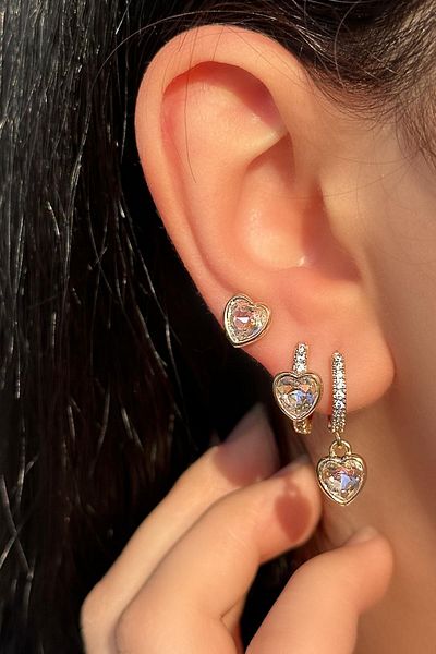 TAKIŞTIR Gold Color Heart Figured Stone Detailed 3-Piece Ysx Earring Set
