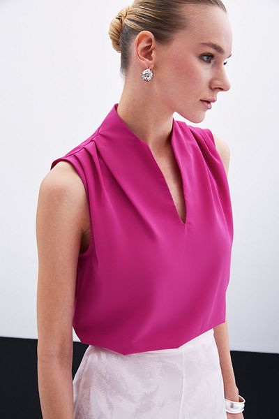 Sateen الفوشيه القاضي طوق بلا أكمام بلوزة