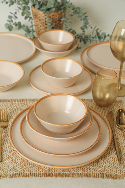 Keramika Mat Krem Gold Fileli Yemek Takımı 24 Parça 6 Kişilik