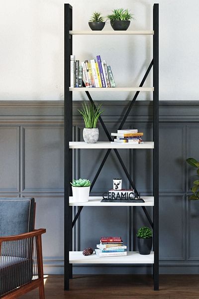 Ceramical خزانة كتب Ktp ذات 5 طبقات، رف كتب على الطراز الصناعي لغرفة المعيشة والمكتب المنزلي - 60 × 180 سم - أبيض