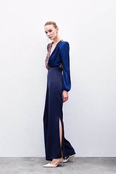 Sateen Slit Detailed Satin Trousers - Navy Blue