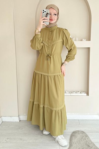 ButikMoor Mo334 Lace Judge Collar Oil Green Dress