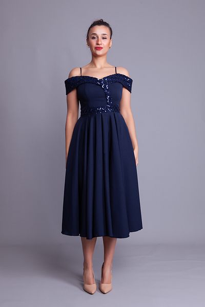 Bidoluelbise Navy Blue Strappy Off-Shoulder Checked Sequin Detail Midi Length Flared Evening Dress