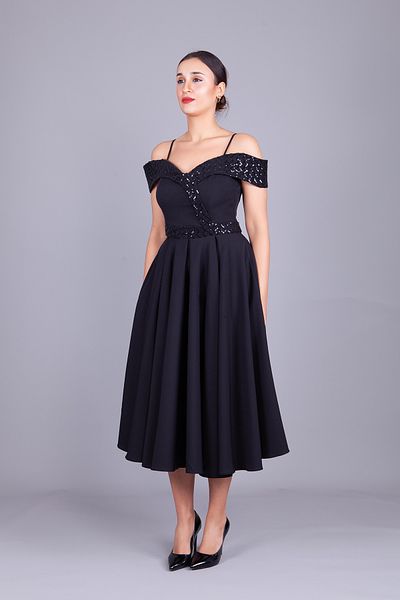 Bidoluelbise Black Strappy Off-Shoulder Checked Sequin Detail Midi Length Flared Evening Dress