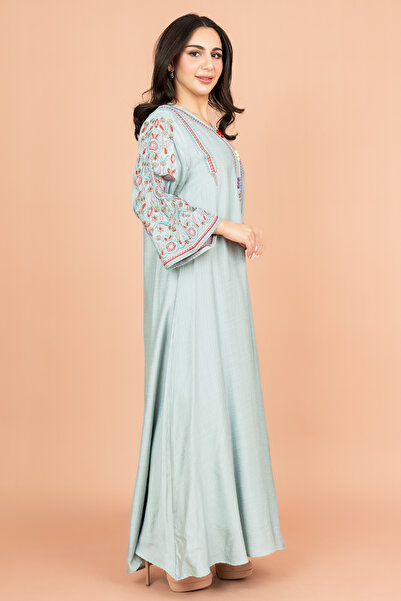 IKKXA Mandarin Collar Hand Embroidered Jalabiya