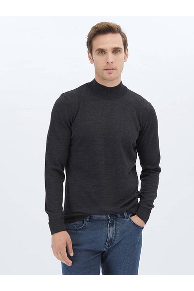 Kip Anthracite Half Turtleneck - Plain Knitwear with Wool Blend