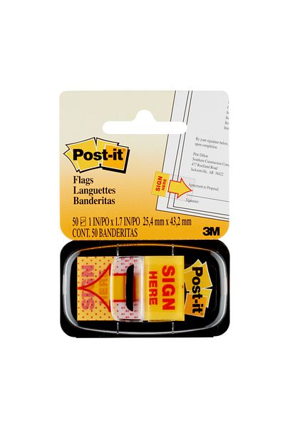 Post-it ® Sign Here Flags 680-9 (36) 1 in x 1.7 in (25,4 mm x 43,2 mm) 50
flags/pd, 36pd/cs