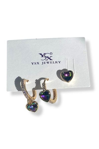 TAKIŞTIR Gold Color Heart Figured Stone Detailed 3-Piece Ysx Earring Set