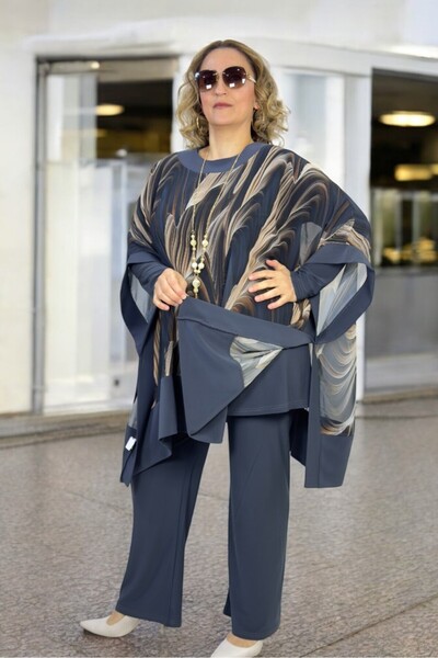 yagmurberen Chiffon Poncho Cap Tunik - Crew Neck Blouse-Buzzy Pants Large Size 3 Lük Suit