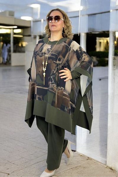 yagmurberen Chiffon Poncho Cap Tunik - Crew Neck Blouse-Buzzy Pants Large Size 3 Lük Suit