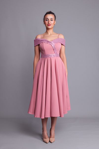 Bidoluelbise Dusty Rose Strap Off Shoulder Καρό Παγιέτες Λεπτομέρεια Midi μήκους Flared βραδινό φόρεμα