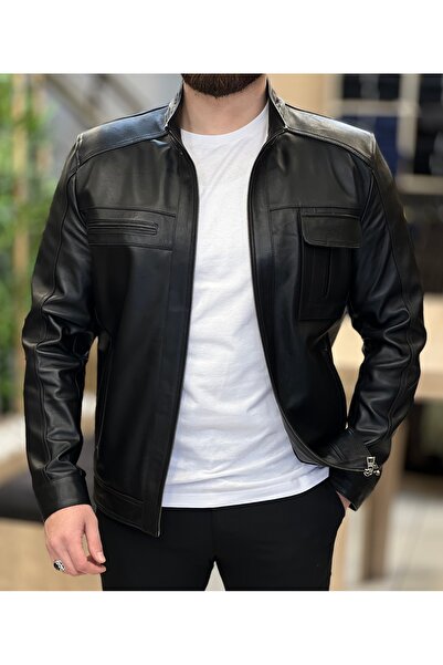 SAVARA Siyah Erkek Deri Mont(%100 HAKİKİ KUZU DERİSİ) Regular Fit