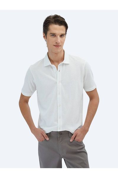 Kip White Patterned Regular Fit Casual 100% Cotton Shirt