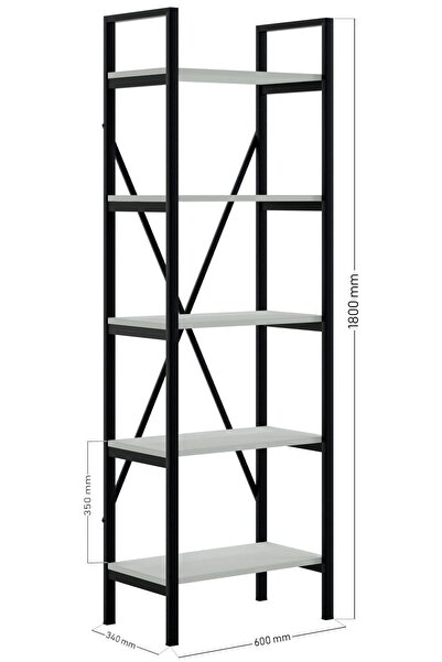 Ceramical Ktp 5 Tier Bookcase , Industrial Style Bookshelf For Living Room, Home Office - 60x180 Cm - White