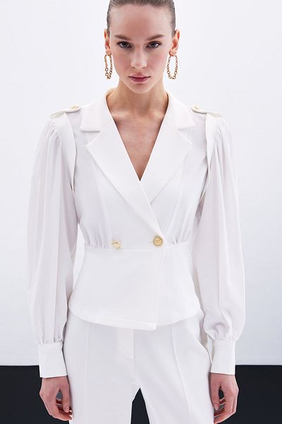 Sateen Double Breasted Short Jacket - Ecru
