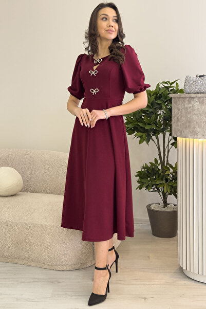 the ZKS Kadın Fiyonk Detay Balon Kol Midi Boy Elbise Bordo, Lacivert, Taba
