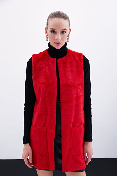 Sateen Cep Detaylı Peluş Yelek - Kırmızı