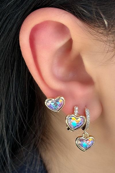 TAKIŞTIR Gold Color Heart Figured Stone Detailed 3-Piece Ysx Earring Set