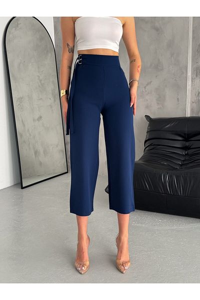 Gugus Women's Waist Buckle Bermuda/Capri Fabric Pants with Loose Legs