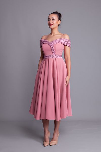 Bidoluelbise Dusty Rose Strap Off Shoulder Καρό Παγιέτες Λεπτομέρεια Midi μήκους Flared βραδινό φόρεμα