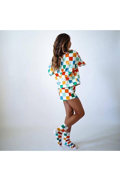 Magu Girl's Oversize Colorful Square Pattern T-Shirt and Shorts Set
