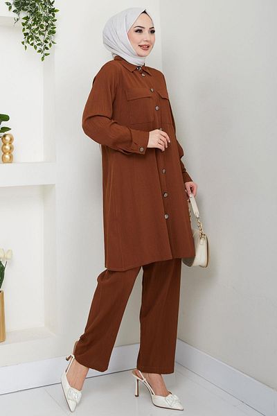 hafsamina Shirt Suit Double, Double Pocket and Brown Hm2685