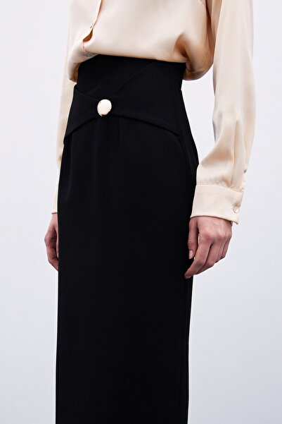 Sateen Toka Detaylı Kalem Etek - Siyah