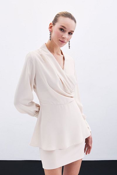 Sateen Beige Beaded Collar Double Breasted Blouse
