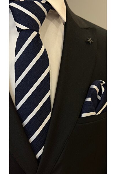 Dearmise Темно-синій та білий візерунковий подарунковий набір преміум краватки та носовички