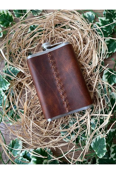 ALESTA LEATHER Leather Covered Steel Whiskey Cognac Flask 9oz 266ml - Hand Sewing Mixer