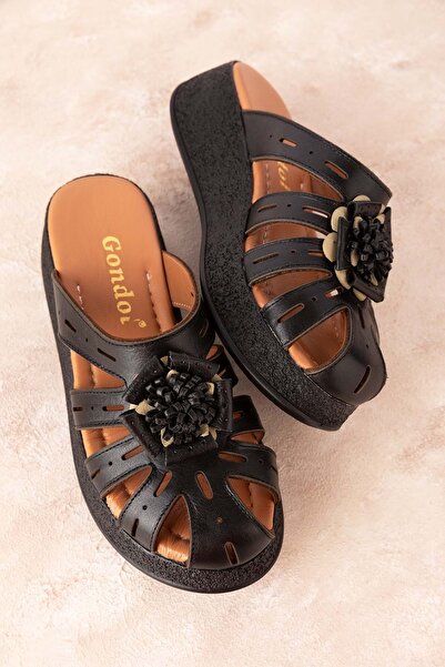 Gondol Hakiki Deri Çiçek Detaylı Sabo Terlik Mlk.3227