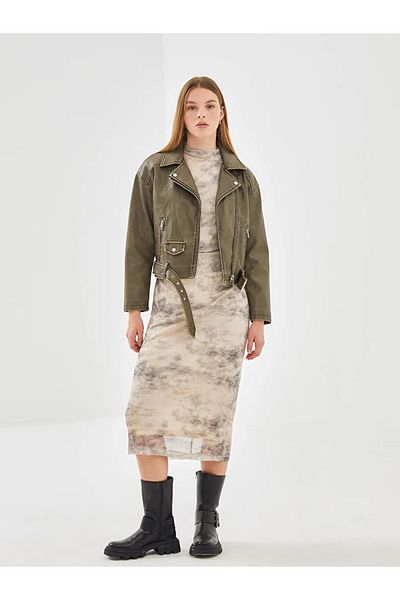 LC Waikiki Γυναικείο δερμάτινο μπουφάν Lcw Vision Khaki Biker Collar
