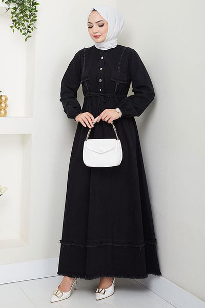 hafsamina Skirt Tassel Buttoned Tie-Up Denim Dress Black Hm2673