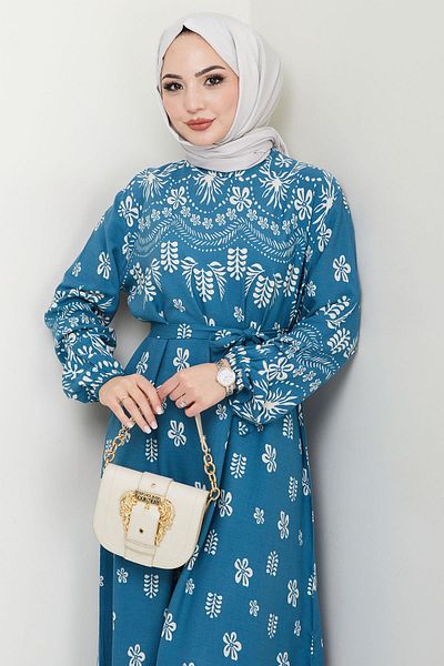 hafsamina Nevra Blue Nevra Patterned Summer Viscose Dress Hm2678