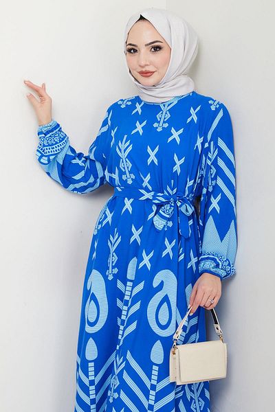 hafsamina Fresh Patterned Viscose Dress Blue Hm2679 Summer