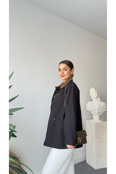 QİMYA BUTİK Women's Keyymod Velvet Collar Gabardine Fabric Short Jacket Trench