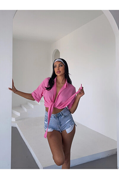 hazelin Women's Pink Binding Detailed Muslin Linen Blouse Hzl25S-Dsb1212