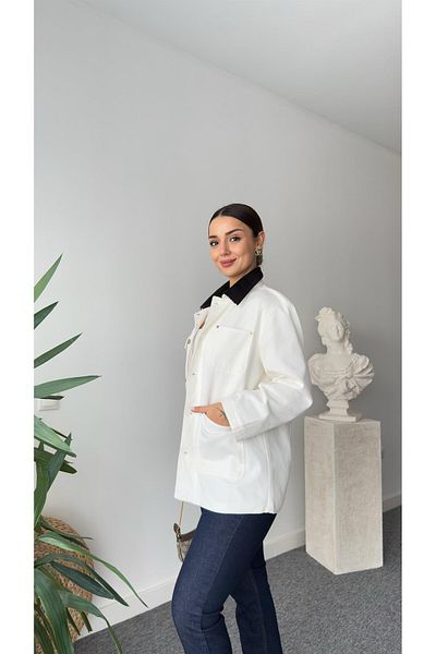 QİMYA BUTİK Keyymod Women's Short Coat - Gabardine Fabric Trench with Velvet Collar