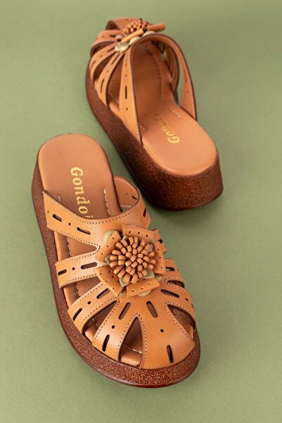 Gondol Hakiki Deri Çiçek Detaylı Sabo Terlik Mlk.3227