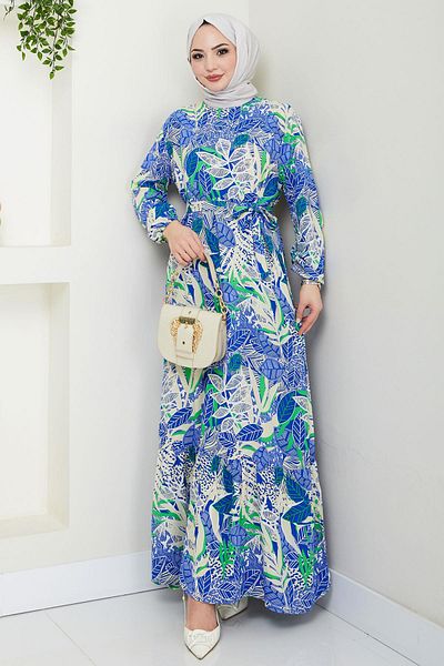 hafsamina Blue Nare Leaf Pattern Viscose Dress