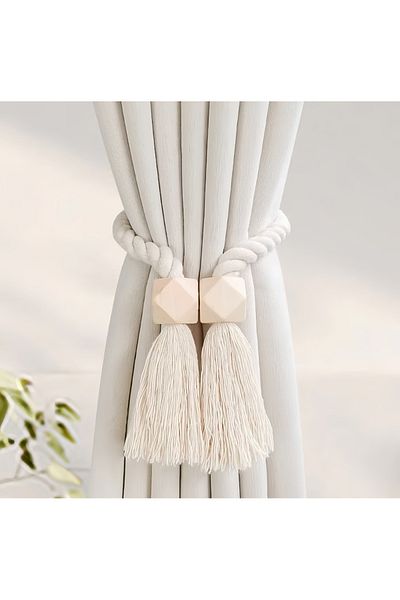Choice 1 PCS Beige Hand-woven solid wood cubic knot curtain tiebacks with magnetic clasps, suitable for liv