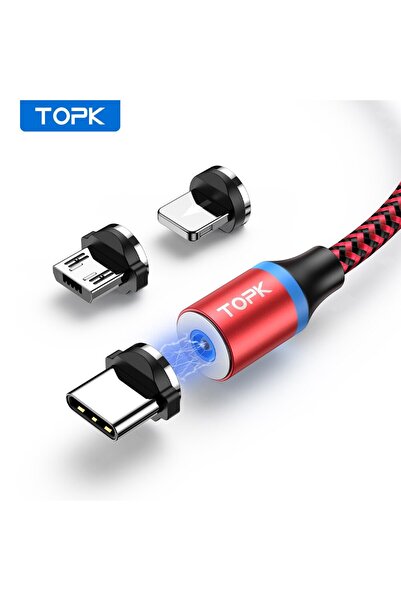 Choice كابل شحن مغناطيسي أحمر بطول 2 متر (6.6 قدم) 3 في 1 TOPK كابل شاحن هاتف...