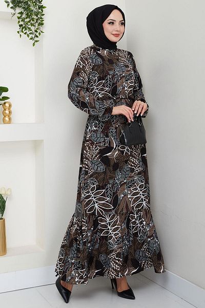hafsamina Viscose Dress - Nare Leaf Pattern, Brown Hm2682