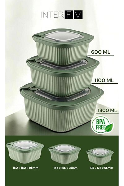 INTEREV Beige Microwave & Diffuse Suitable 3 Unit (600-1100-1800ml) Storage Container Set