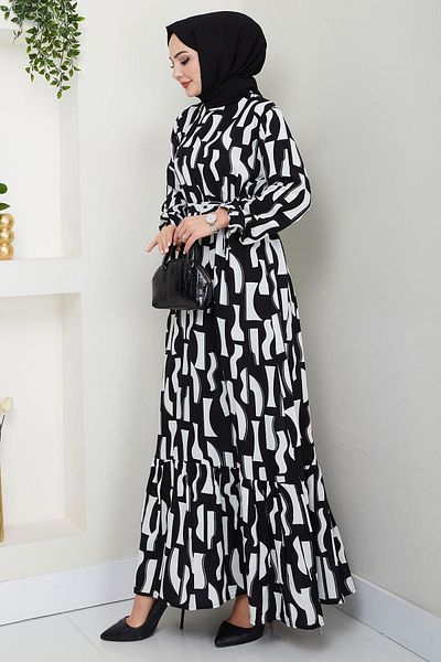 hafsamina Greenhouse Patterned Viscose Dress - Black Model Hm2686
